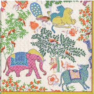 Royal Elephant Batik Decoupage Napkins Block Print Pink Orange Includes Three Individual Premium Quality Luncheon Size Paper Napkins