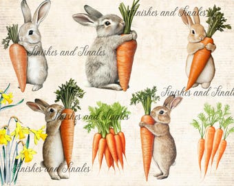 Easter Bunny Rice Paper A4 Bunny, Five Sweet Bunny Rabbits Hugging Carrots Spring Easter Decoupage Paper Exclusive Large Format Design