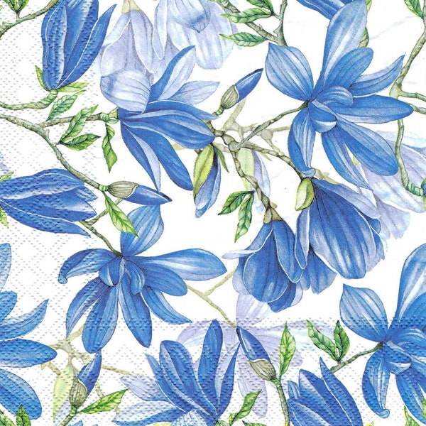 Blue and White Magnolia Decoupage Napkins in an Allover Print on White, Three Luncheon Size for Decoupage Scrapbooking Junk Journals