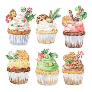 Christmas Sweets Decoupage Napkins Christmas Theme Cupcakes, Three Individual Cocktail Size Paper Napkins, Cupcakes in Christmas Colors