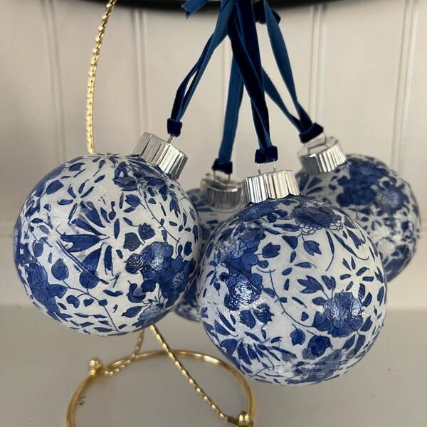 Blue and White Chinoiserie Christmas Ornaments, Set of Four with Blue Velvet Ribbon, Pretty Hand Crafted, Three Inch Size, Great Gift Idea