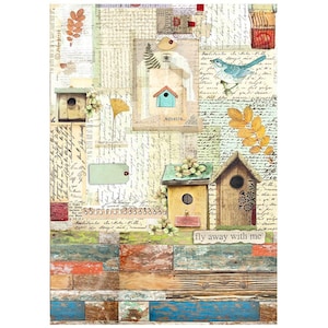 Stamperia Rice Paper A4 Size Garden Nests, Birds Postcards Vintage Letters Textures, Spring Summer Theme Decoupage Paper