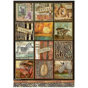May include: A collage of images with a safari theme. The images include a zebra, a lion, a rhinoceros, a sunset, and a tree. The words "Nature", "Travels", "Journal", and "Wild Animals" are also included in the collage.