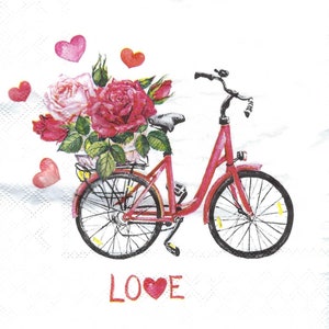 Decoupage Napkins Valentines Day Bicycle Love, 3 Luncheon Size For Crafts and Scrapbooking Journaling Card Making Paper Arts Etc