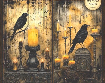 Raven Rice Paper One A4 or Two A5 Sheets | Dark Academia Decoupage Paper | Crow Candle Vintage Halloween Crows & Candles Craft Paper