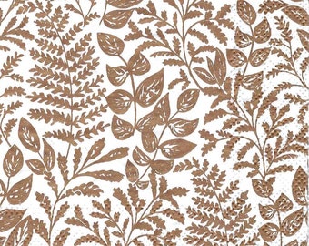 Decoupage Napkins Light Brown Ferns on White Paper Napkins Set of 3 Individual Premium Quality Cocktail Size Paper Napkins, Swiss Design