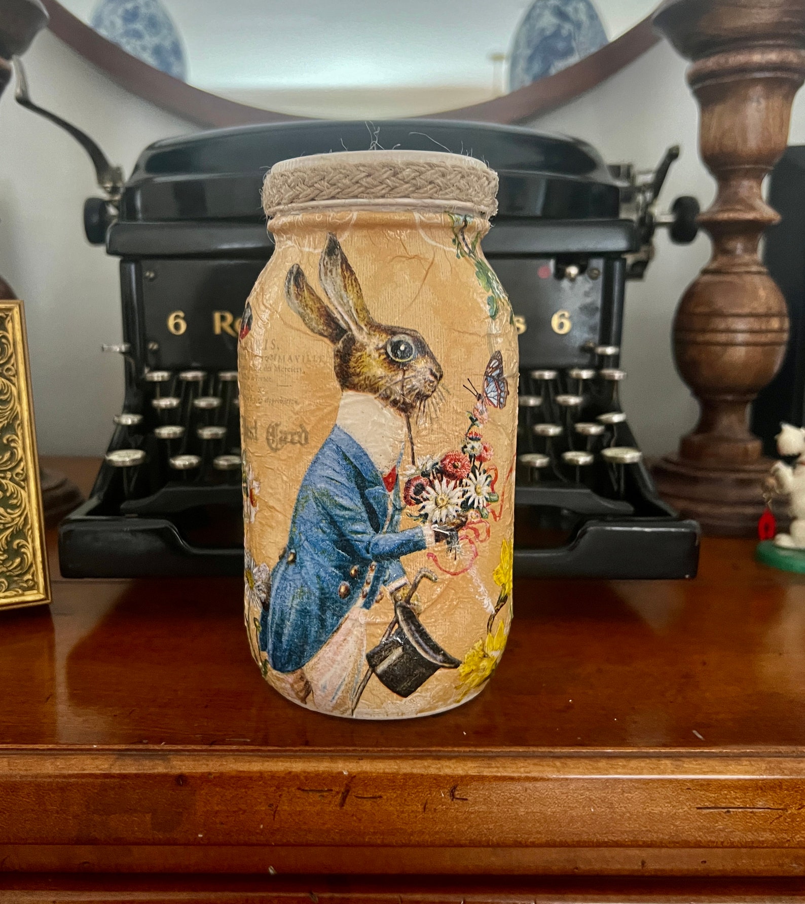 Rabbit in Top Hat Mason Jar Vase in Ivory and Blue With Paris Postcard ...