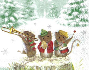 Decoupage Napkins Musical Mouse Band  Christmas Mice on Tree Stump, Three Individual Premium Quality Three Ply Cocktail Size Paper Napkins