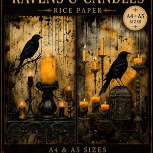 Raven Rice Paper One A4 or Two A5 Sheets | Dark Academia Decoupage Paper | Crow Candle Vintage Halloween Crows & Candles Craft Paper