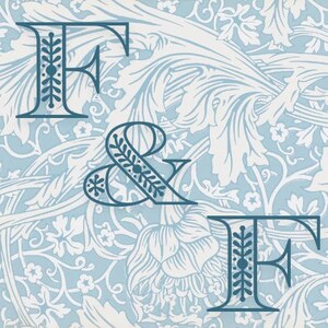 May include: A blue and white floral patterned background with the letters "F & F" in a stylized font.