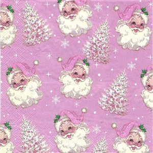 Santa Claus Christmas Decoupage Napkins Christmas Trees and Santas on Pink Background Includes Three Individual Luncheon Size Paper Napkins