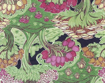 May include: A vintage floral pattern with a dark background. The pattern features pink, yellow, and green flowers with intricate details. The design is reminiscent of Art Nouveau style.