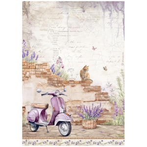 Stamperia Rice Paper A4 Lavender Vespa Decoupage Paper with Brick Stairs Tiger Cat and Florals Spring Summer Decoupage Paper