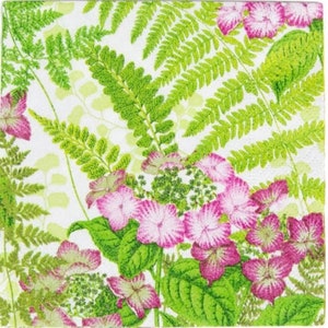 Decoupage Napkins Ferns and Pink Flowers Pattern Allover Print, Cocktail Size Package of Three