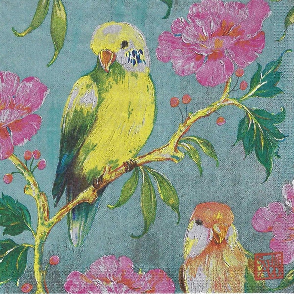 Decoupage Napkins Yellow Yellow Parrot on Aqua Background, Includes Three Luncheon Size Paper Napkins, Images Cover the Entire Napkin