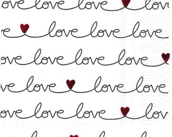 Valentines Day Love Decoupage Napkins with Red Hearts on White, Three Individual Luncheon Size for Scrapbooking Decoupage Card Making Paper