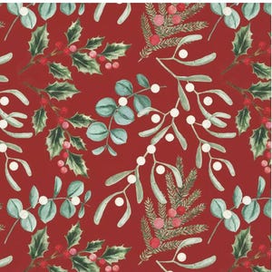 Christmas Green Holly and Berries Decoupage Napkins on Red Background,  Includes Three Individual Luncheon Size Paper Napkins