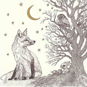 Wild Fox at Dusk with Moon, Stars and Bunny , 3 Luncheon Size for Scrapbooking, Decoupage, Junk Journals, Cards Arts
