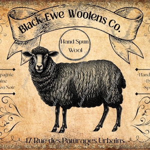 May include: A rectangular sign with a distressed tan background featuring a black sheep illustration. Text reads: Black Ewe Woolens Co., Hand Spun Wool, La Compagnie de Laine de Mouton Noir, Hand Carding, Dyeing, Spinning, and 17 Rue des Paturages Urbains.