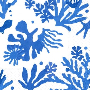 Blue Coral Decoupage Napkins Blue and White Ocean Theme, Includes Three Premium Quality Cocktail Size Paper Napkins, Beach Theme Decoupage