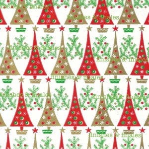 May include: A repeating pattern of stylised Christmas trees in red, gold, and green. The trees are decorated with white snowflakes, red berries, and gold stars. The text "finishes & finales" appears in the background.