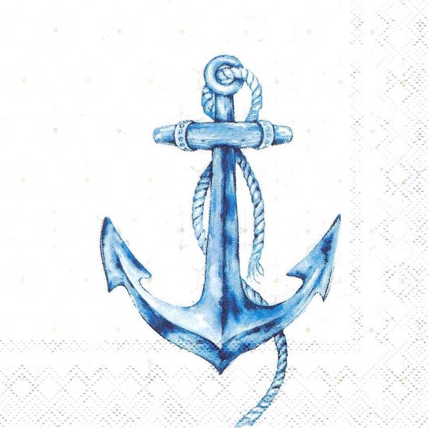 Nautical Decoupage Napkins Blue Anchors on Cream Captains Wheel Background, Package of Three Cocktail Size Paper Napkins