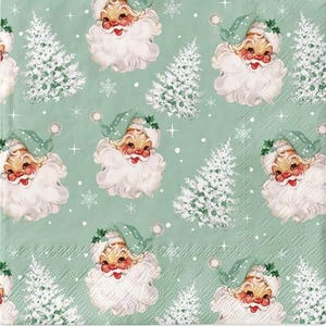 Santa Claus Christmas Decoupage Napkins Christmas Trees and Santas on Green Background Includes Three Individual Luncheon Size Paper Napkins