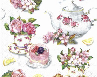 Decoupage Paper Napkins in Pink and White Tea Party Pattern, Three Full Size 13 x 13 Unfolded, Pattern Repeats Four Times When Unfolded