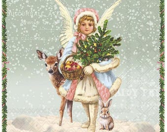 Christmas Angel and Deer Decoupage Napkins, Snow Scene with Bunny Apples, Includes Three Individual Luncheon Size Paper Napkins