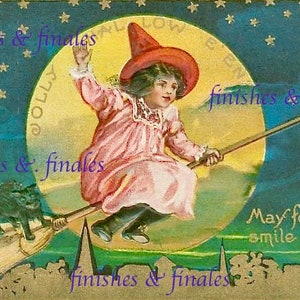 Antique Halloween Postcard Instant Digital Download Anthropomorphic Girl on Witches Broom with Black Cat and Moon Halloween Image Circa 1910