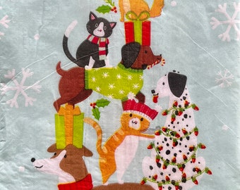 Decoupage Napkins Dogs & Cats Christmas Tree  Multiple Breeds on Light Blue, Includes Three Premium Quality Banquet Size Paper Napkins