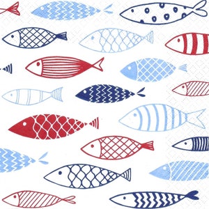 May include: A repeating pattern of stylized fish in shades of red, blue, and navy on a white background. The fish designs vary, including stripes, crosshatching, and dots. The overall design is nautical and whimsical.