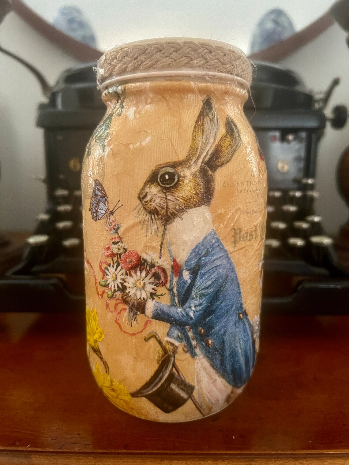 Rabbit in Top Hat Mason Jar Vase in Ivory and Blue With Paris Postcard ...