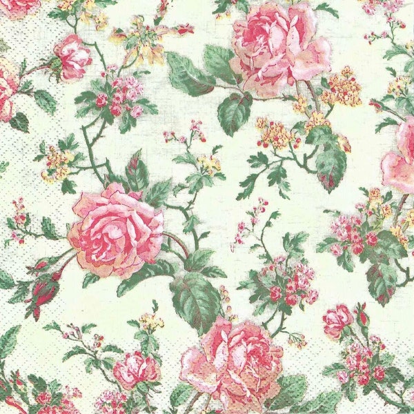 Decoupage Napkins English Style Pink Roses with Greens on Ecru, Includes Three Individual Premium Quality Luncheon Size Paper Napkins