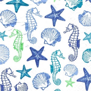Decopauge Napkins in Seahorse Starfish and Shell Theme Print in Blue and White, Three Luncheon Size Decopauge Scrapbooking Journaling