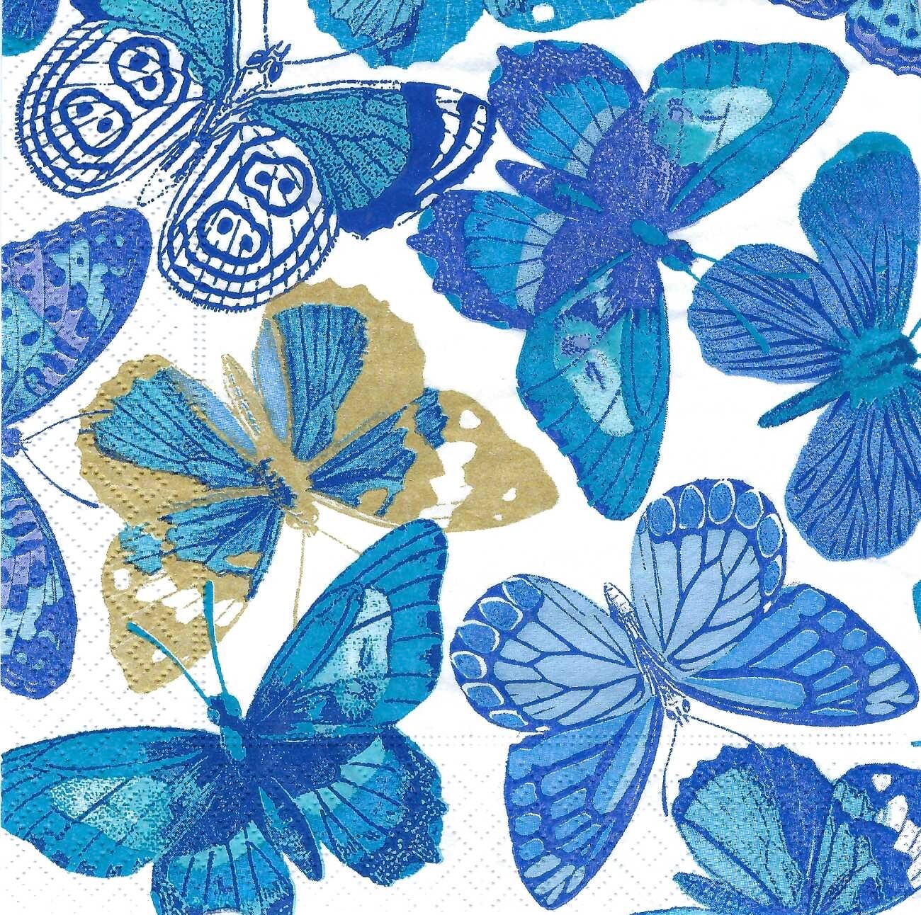 Blue Butterflies Decoupage Napkins with Gold, Includes Three Individual Cocktail Size Premium Quality Three Ply Paper Napkins Blue and White