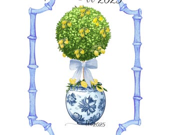 Bambus-Chinoiserie-Rahmen (PNG) mit Zitronenbaum-Topiary – Sofort-Download, digitale Cliparts, bearbeitbar, bestehend aus drei Dateien (Rahmen & Baum).