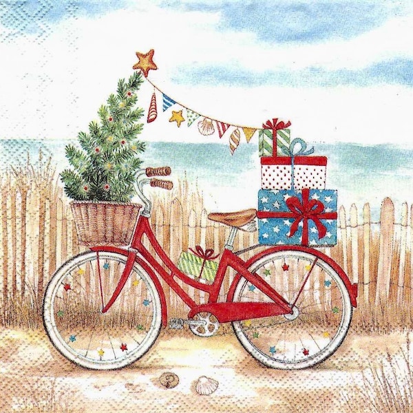 Decoupage Napkins Bicycle Decorated for Christmas on the Beach, Three Cocktail Size, For Crafts, Scrapbooking Junk Journals and More