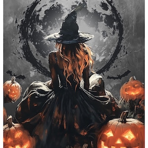May include: Digital art of a witch in a black dress and hat, surrounded by glowing jack-o'-lanterns. A full moon and bats are in the background. The text "FINISH & FINALES U 2025" is at the top.