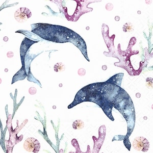 May include: Two watercolor dolphins swimming in a white background with purple coral and seashells. The dolphins are blue and white with a speckled pattern.