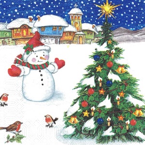 Snowman  Christmas Snowman with Little Birds & Christmas Tree, Three Individual Premium Quality Luncheon Size Paper Napkins