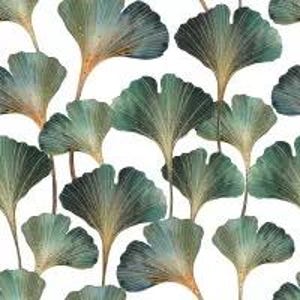 May include: A seamless pattern featuring green and gold ginkgo leaves on a white background. The leaves are arranged in a random pattern, with some overlapping.