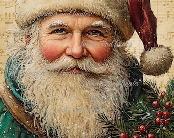Digital nedladdning av jultomten, glad vintage-tomte i traditionell stil på åldrad bakgrund, 300 DPI, PNG, fyra storlekar inkluderade, röd och grön jul