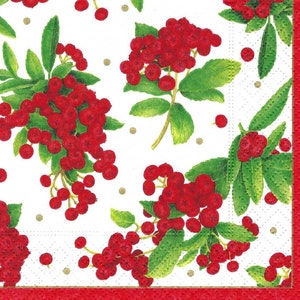 Decoupage Napkins Christmas Red Berry with Green Holly on White Includes Three Premium Quality Cocktail Size Paper for Crafts Art