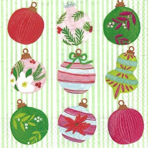 Decoupage Christmas Napkins Featuring Ornaments of Various Sized on Stripes, Three Individual Luncheon Size for Scrapbooking Journaling