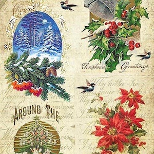 Vintage Christmas Postcards Decoupage Rice Paper, Four Christmas Images A4 Size Printed in Italy, One Sheet of High Quality Rice Paper