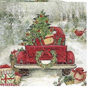 Christmas Truck Decoupage Napkins Decorated Truck Gifts Christmas Tree, Includes Three Individual Cocktail Size Paper Napkins