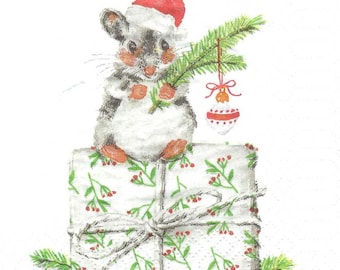 Decoupage Napkins Christmas Mouse on Gift,  Includes Three cocktail Size Napkins for Scrapbooking, Decoupage, Journaling, Cards Arts Crafts