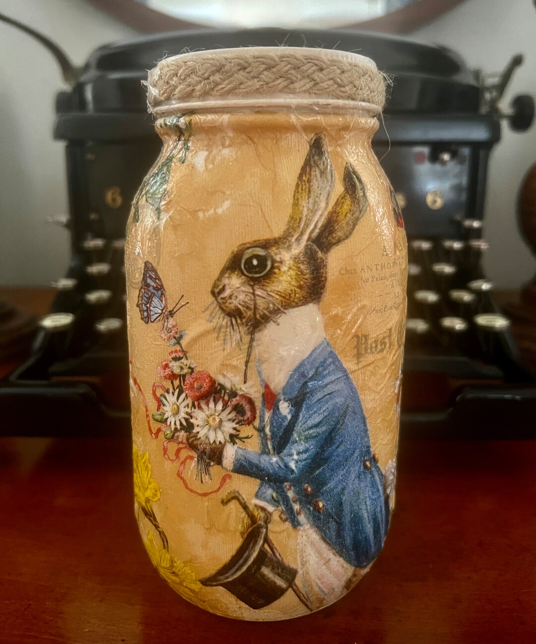 Rabbit in Top Hat Mason Jar Vase in Ivory and Blue With Paris Postcard ...