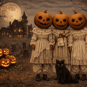 Rice Paper Pumpkin Girls Their Black Cat Jack in a  Pumpkin Patch Graveyard Haunted House Pick One A4 or Two A5 Size Sheets Pretty & Spooky